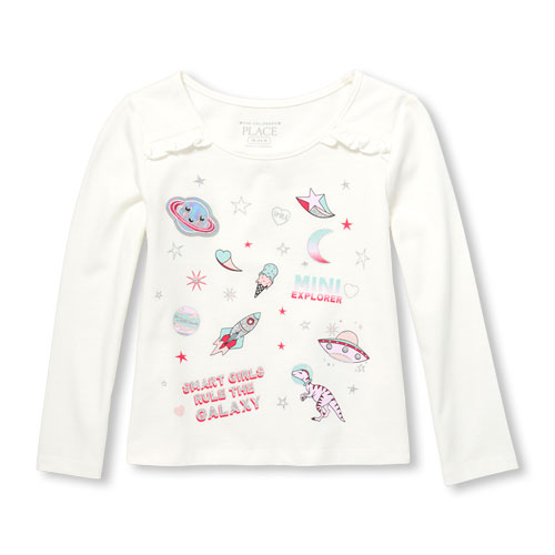 

s Baby And Toddler Long Sleeve Embellished Graphic Ruffle Top - White - The Children's Place