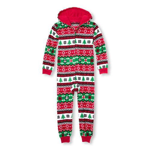 unisex kids matching family long sleeve christmas fairisle hooded fleece one piece sleeper