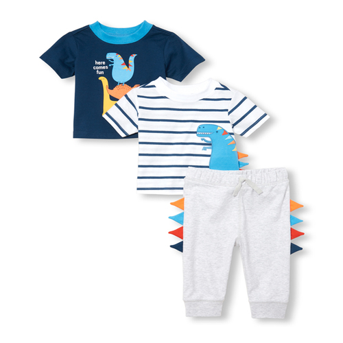 Baby Boys Short Sleeve Dino Tops And Pants 3-Piece Playwear Set