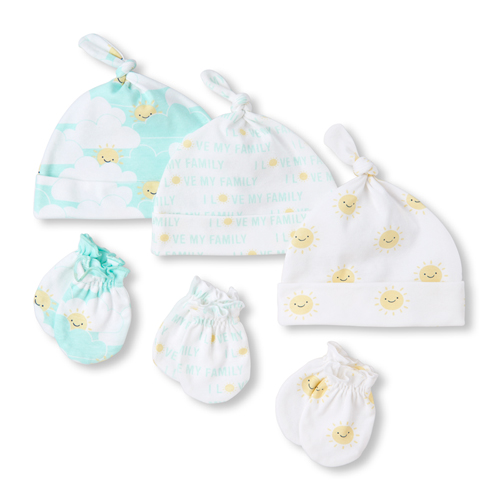 

Newborn Unisex Baby Sunny Family Knotted Hat And Mittens 6-Piece Set - White - The Children's Place