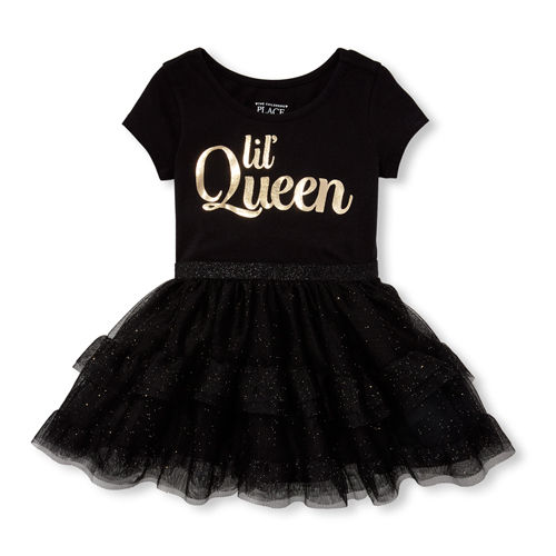 Baby And Toddler Girls Short Sleeve Foil 'Lil' Queen' Graphic Knit To Woven Tutu Dress