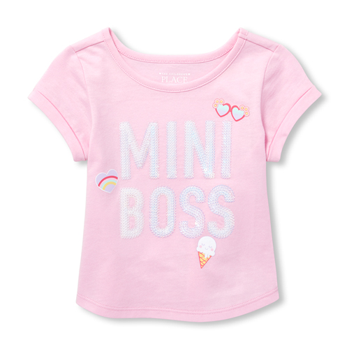 s Baby And Toddler Short Rolled Sleeve Embellished Graphic Top - Pink - The Children's Place
