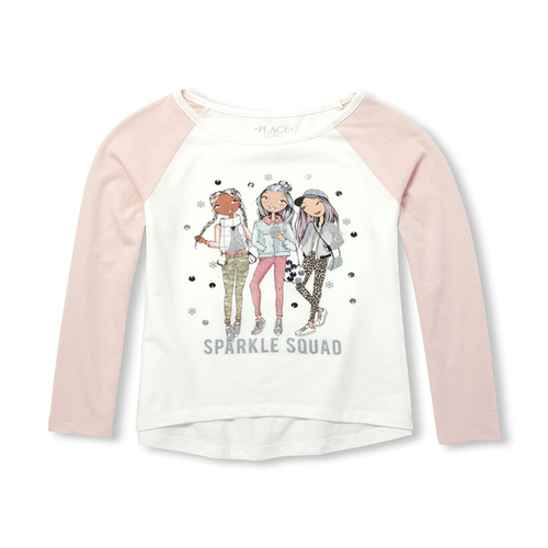 

Girls Long Raglan Sleeve Glitter 'Sparkle Squad' Graphic Top - Pink - The Children's Place