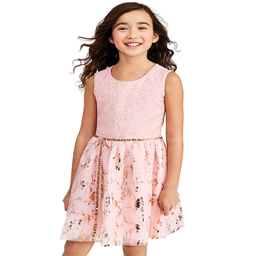 Girls Sleeveless Metallic Top Foil Floral Butterfly Print Knit To Woven Dress