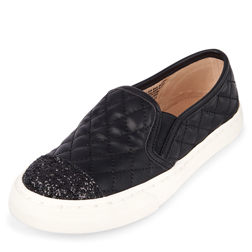 

Girls Uniform Glitter Quilted Slip On Sneakers - Black - The Children's Place