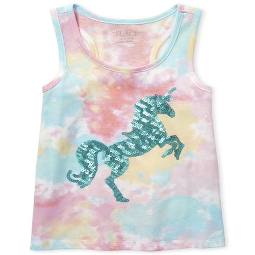

Girls Sequin Unicorn Tie Dye Racerback Tank Top - Pink - The Children's Place