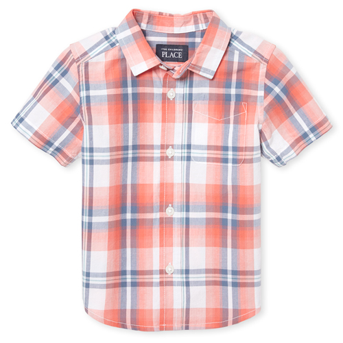 s Baby And Toddler Boys Short Sleeve Plaid Poplin Button Down Shirt - Orange - The Children's Place