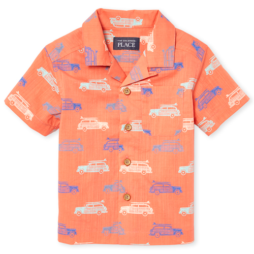 

s Baby And Toddler Boys Surf Car Cross Hatch Button Down Shirt - Orange - The Children's Place