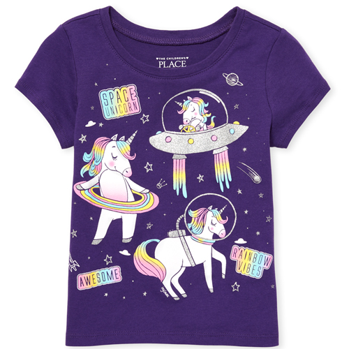 Baby And Toddler Girls Short Sleeve Glitter 'Space Unicorn' Graphic Tee