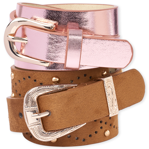 

Girls Studded Metallic Belt 2-Pack - Brown - The Children's Place