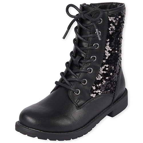 

Girls Flip Sequin Lace Up Boots - Black - The Children's Place