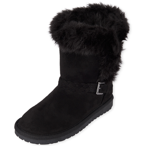 

Girls Braided Faux Fur Boots - Black - The Children's Place