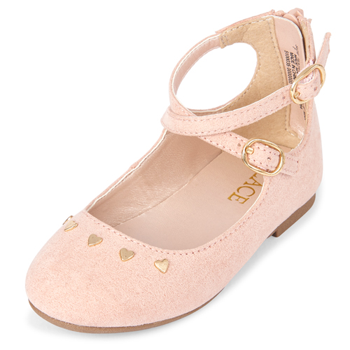 

Baby Girls Toddler Heart Studded Ankle Strap Ballet Flats - Pink - The Children's Place