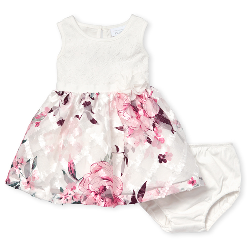 

Newborn Baby Lace Floral Knit To Woven Dress And Bloomers Set - White - The Children's Place