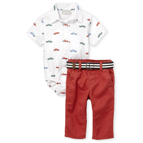 

Newborn Baby Boys Short Sleeve Car Poplin Button Down Bodysuit And Belted Chino Pants Set - White - The Children's Place