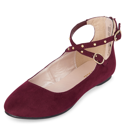 

Girls Studded Ankle Strap Faux Suede Ballet Flats - Red - The Children's Place