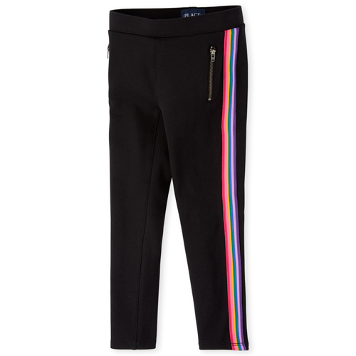 

Girls Rainbow Side Stripe Zip Ponte Knit Pull On Jeggings - Black - The Children's Place