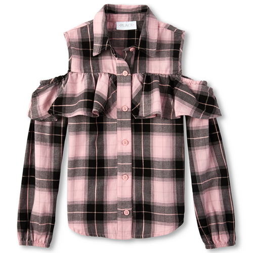 

Girls Long Sleeve Plaid Twill Cold Shoulder Top - Pink - The Children's Place