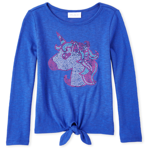 

Girls Sequin Lightweight Sweater Tie Front Top - Blue - The Children's Place
