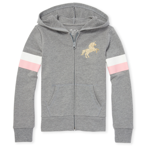 

Girls Active Glitter Graphic French Terry Zip Up Hoodie - Gray - The Children's Place