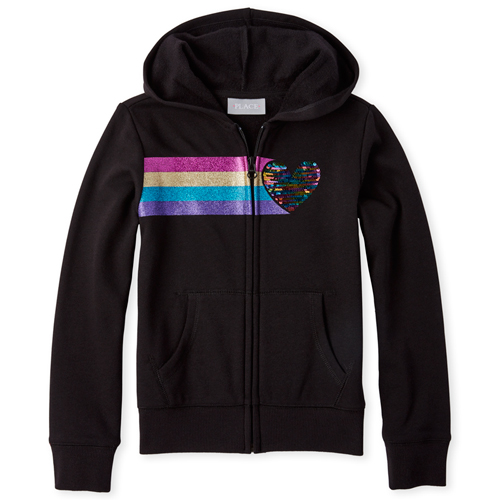

Girls Active Rainbow Embellished Graphic Fleece Zip Up Hoodie - Black - The Children's Place