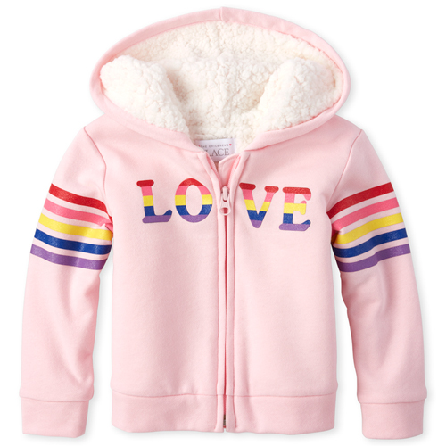 Toddler Girls Rainbow Sherpa Lined French Terry Zip Up Hoodie