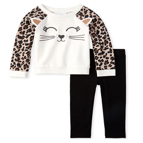 

Baby Girls Baby And Toddler Glitter Cat Leopard Fleece Top And Leggings Set - White - The Children's Place