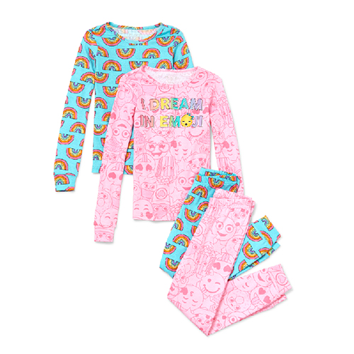 

s Rainbow Emoji Snug Fit Cotton 4-Piece Pajamas - Pink - The Children's Place