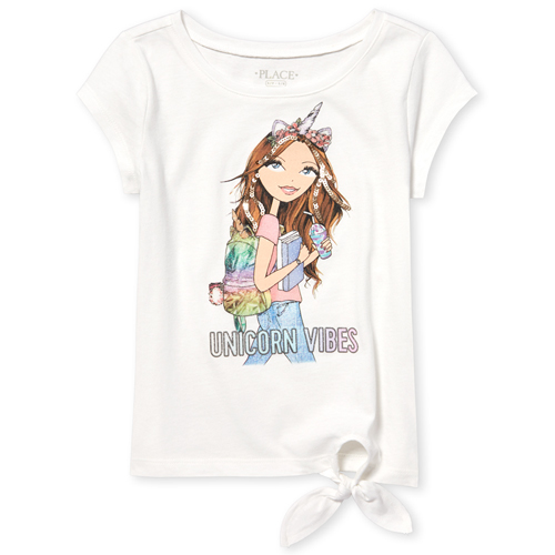 

Girls Short Sleeve Embellished Graphic Side Tie Top - White - The Children's Place