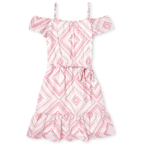

Girls Floral Diamond Off Shoulder Dress - White - The Children's Place