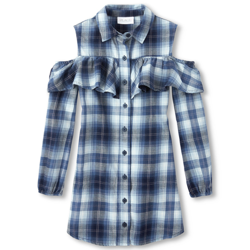 

Girls Plaid Cold Shoulder Shirt Dress - Blue - The Children's Place