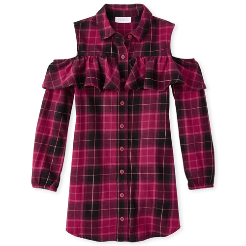 

Girls Plaid Twill Cold Shoulder Dress - Red - The Children's Place