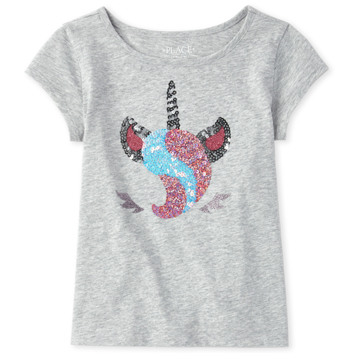 

Girls Short Sleeve Sequin Graphic Top - Gray - The Children's Place