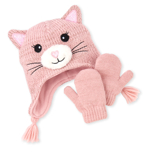 

Baby Girls Toddler Glitter Cat Hat And Mittens Set - Pink - The Children's Place