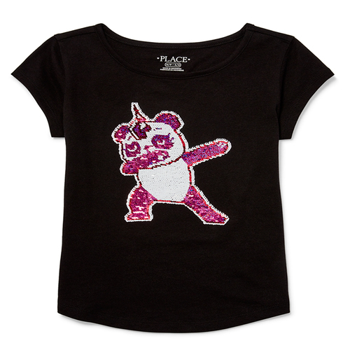 

Girls Short Sleeve Flip Sequin Graphic Curved Hem Top - Black - The Children's Place