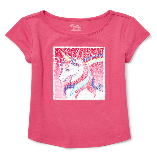 

Girls Short Sleeve Flip Sequin Graphic Curved Hem Top - Pink - The Children's Place
