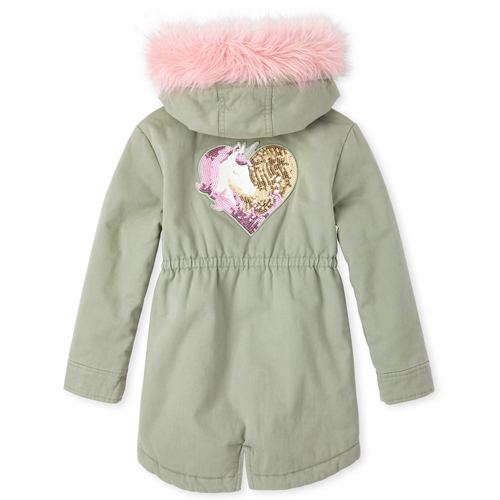 

Girls Sequin Unicorn Parka Jacket - Green - The Children's Place