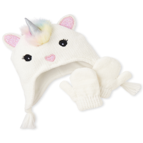 

Baby Girls Toddler Glitter Unicorn Hat And Mittens Set - White - The Children's Place