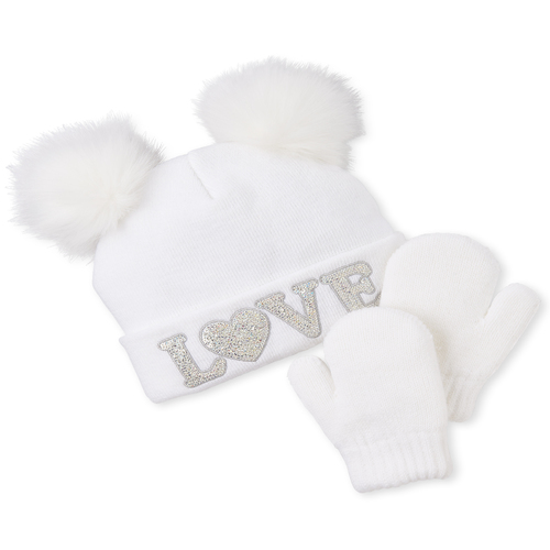 

Baby Girls Toddler Glitter Love Pom Pom Beanie And Mittens Set - White Hat - The Children's Place
