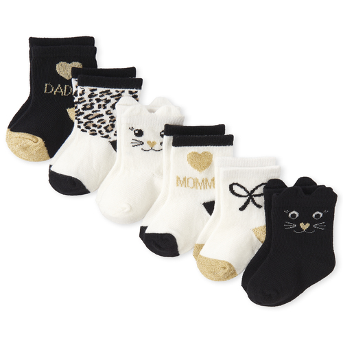 

Newborn Baby Glitter Cat Crew Socks 6-Pack - Black - The Children's Place