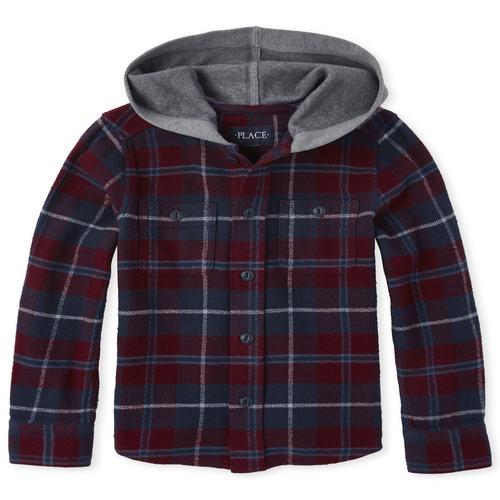

s Boys Plaid Twill Hooded Button Down Shirt - Red - The Children's Place