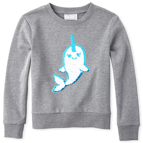 

Girls Active Flip Sequin Narwhal French Terry Sweatshirt - Gray - The Children's Place