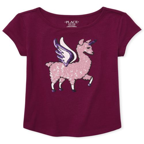 

Girls Short Sleeve Embellished Graphic Curved Hem Top - Pink - The Children's Place