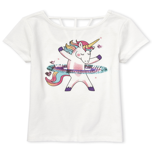 

Girls Short Sleeve Embellished Unicorn Graphic Cut Out Top - White - The Children's Place