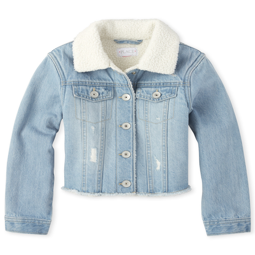 

Girls Sherpa Lined Distressed Denim Jacket - The Children's Place