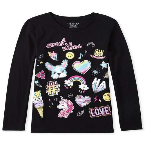 

Girls Glitter Emoji Graphic Tee - Black T-Shirt - The Children's Place