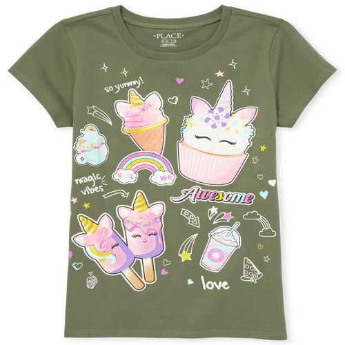 

Girls Glitter Unicorn Dessert Graphic Tee - Green T-Shirt - The Children's Place