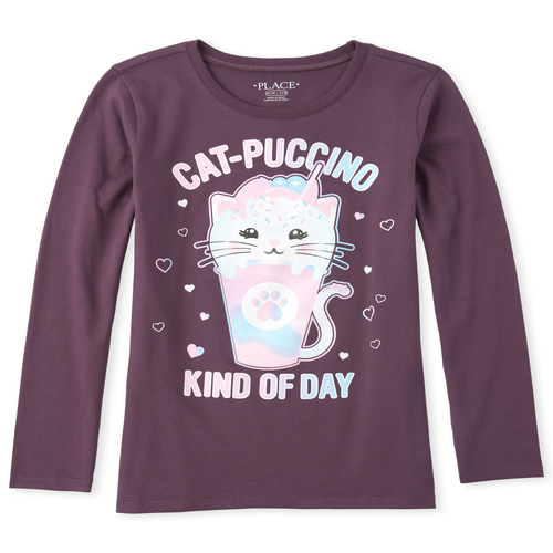 

Girls Glitter Catpuccino Graphic Tee - Purple T-Shirt - The Children's Place