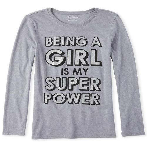 

Girls Glitter Super Power Graphic Tee - Gray T-Shirt - The Children's Place