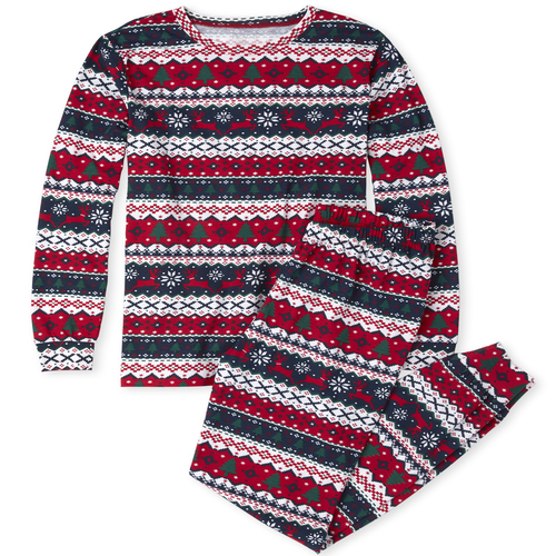 

s Unisex Adult Matching Family Reindeer Fair Isle Cotton Pajamas - Red - The Children's Place